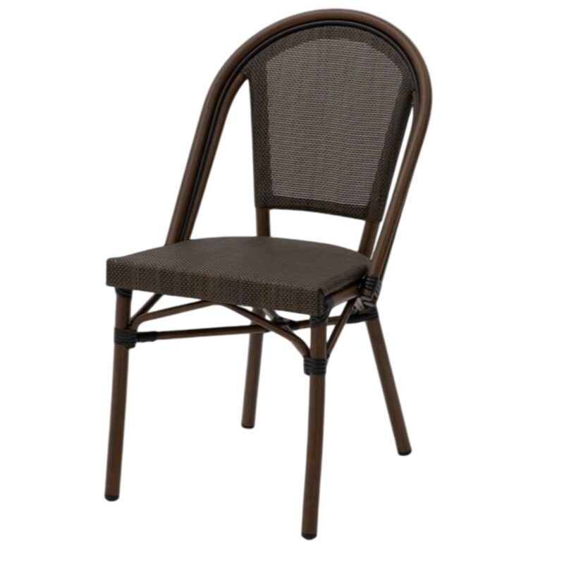 Chaise bistrot Zoé marron en aluminium, empilable pour terrasses professionnelles.