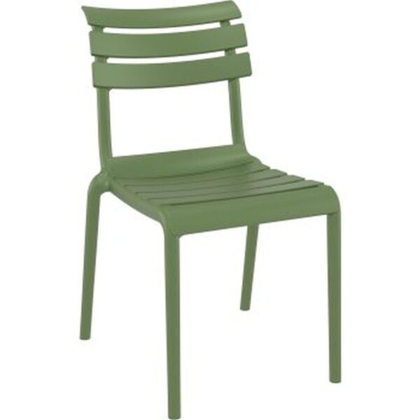Chaise Siena verte empilable en polypropylène, mobilier CHR design pour terrasses de restaurants et hôtels.