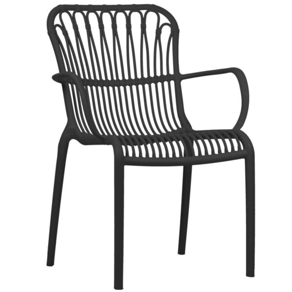 Fauteuil bistrot Lolita empilable en polypropylène avec accoudoirs, disponible en plusieurs coloris, mobilier CHR design pour terrasses professionnelles.