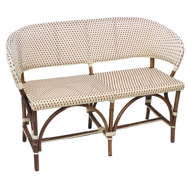 Banquette en rotin naturel crème et bordeaux pour restaurant – assise bois confortable et dossier enveloppant