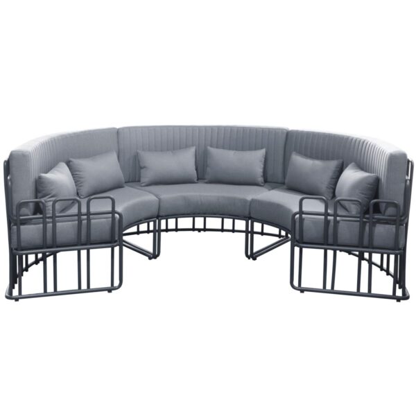 Banc lounge Luxe anthracite/gris arrondi en aluminium avec coussins épais pour 8 personnes.