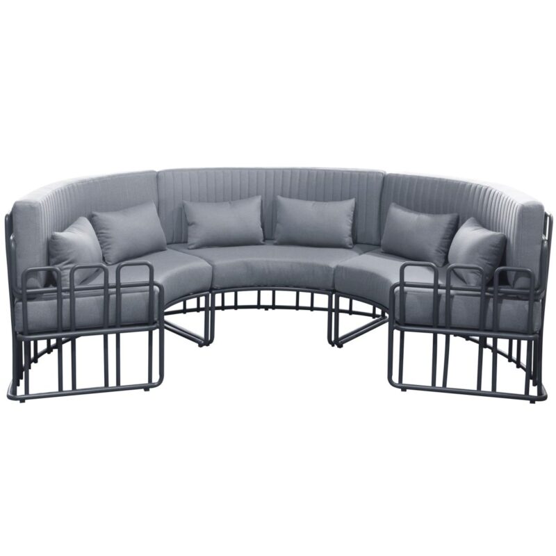 Banc lounge Luxe anthracite/gris arrondi en aluminium avec coussins épais pour 8 personnes.