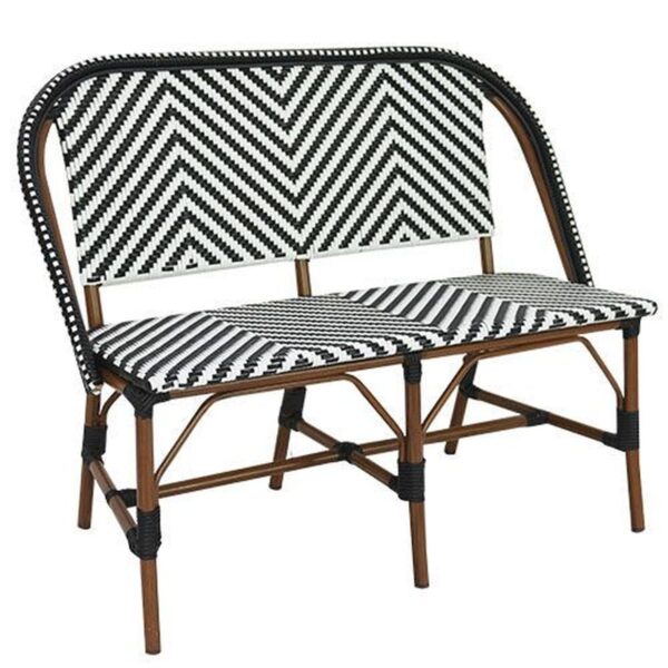 Banquette rotin noir et blanc en rotin synthétique, structure aluminium imitation bambou, assise biplace empilable pour usage professionnel extérieur.