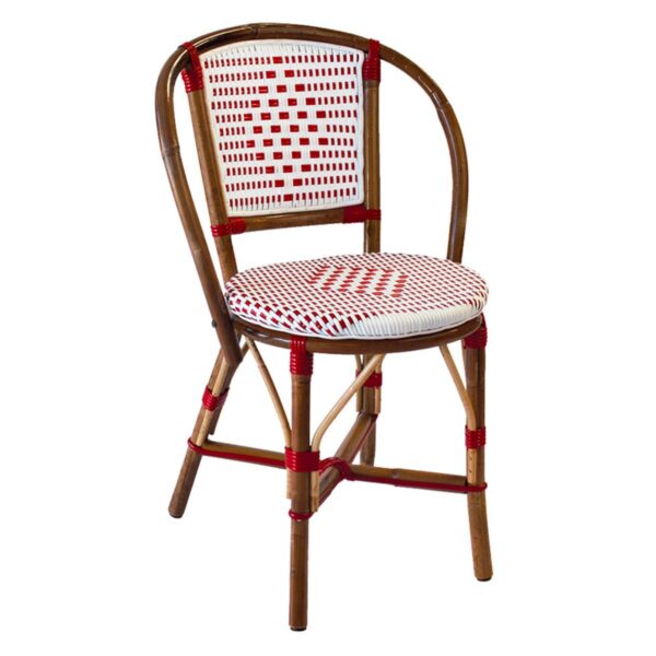Chaise bistrot Annalisa rotin naturel et tressage blanc et bordeaux, personnalisable.