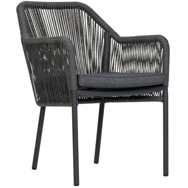 Fauteuil de terrasse Baldric en aluminium et corde avec coussin inclus, empilable pour terrasse.