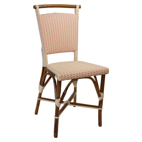 Chaise bistrot BIANCA en rotin naturel avec tressage rosé , idéale pour cafés, hôtels et restaurants.