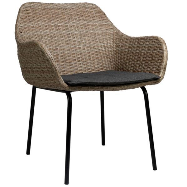 Fauteuil bistrot Bray en aluminium anthracite et tressage naturel/gris avec coussin, empilable pour terrasse.