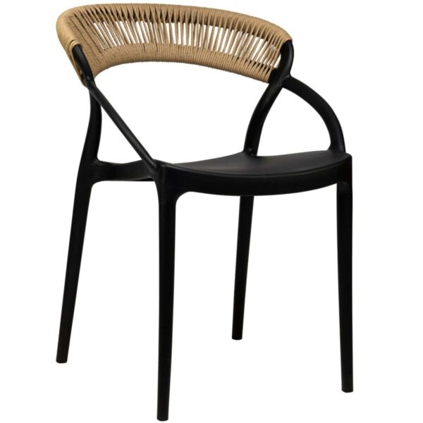 Chaise bistrot noire Capri empilable en polypropylène et corde, mobilier CHR design pour terrasses de restaurants et hôtels.