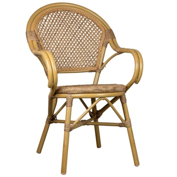 chaise bistrot Elbi, tressage osier résistant aux UV, accoudoirs, empilable. Idéale pour terrasse CHR.