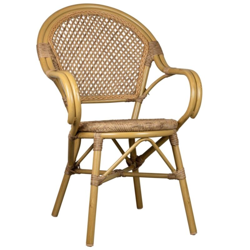 chaise bistrot Elbi, tressage osier résistant aux UV, accoudoirs, empilable. Idéale pour terrasse CHR.