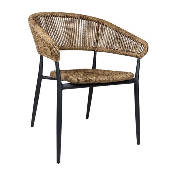Fauteuil de terrasse Jack anthracite avec tressage corde ton naturel, empilable pour terrasse.