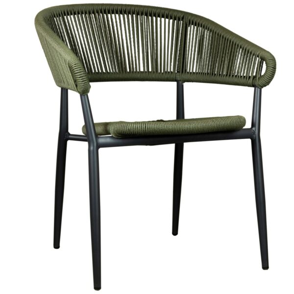 Fauteuil de terrasse Jack vert olive avec tressage vert olive, empilable pour terrasse.