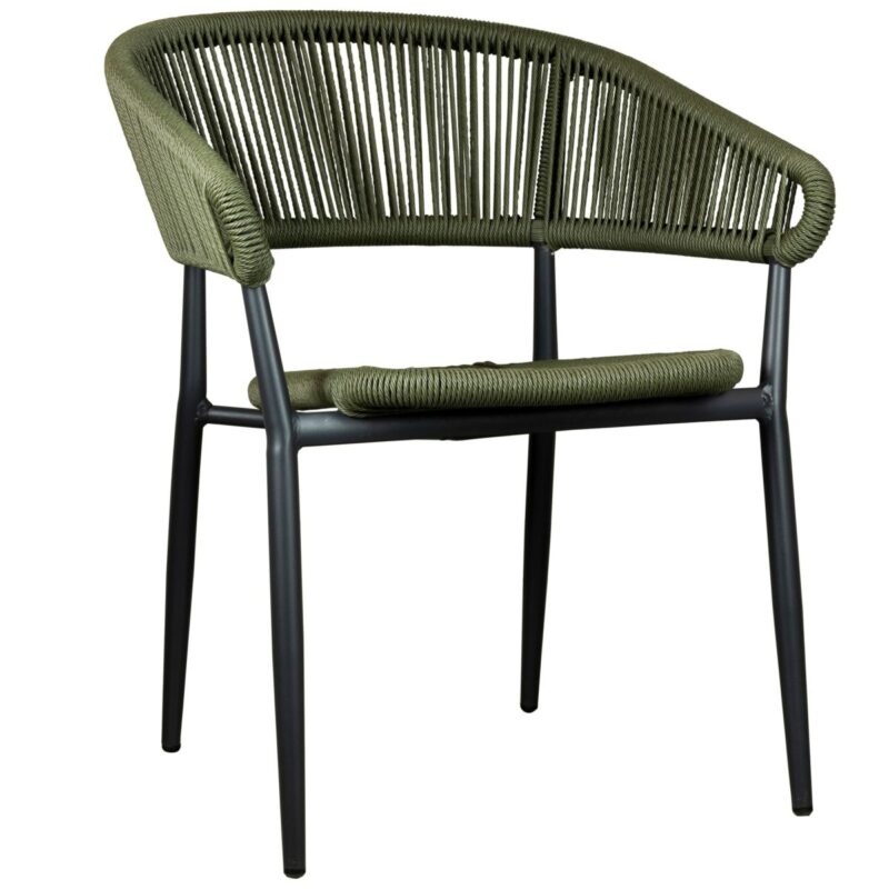 Fauteuil de terrasse Jack vert olive avec tressage vert olive, empilable pour terrasse.