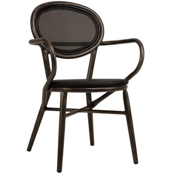 Fauteuil de terrasse noir Jane en aluminium et textilène, empilable. Parfait pour terrasses de restaurant.