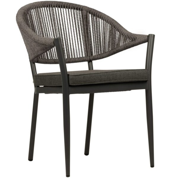 Fauteuil de terrasse Lyon anthracite, tressage corde anthracite et coussin assorti, empilable pour terrasse.