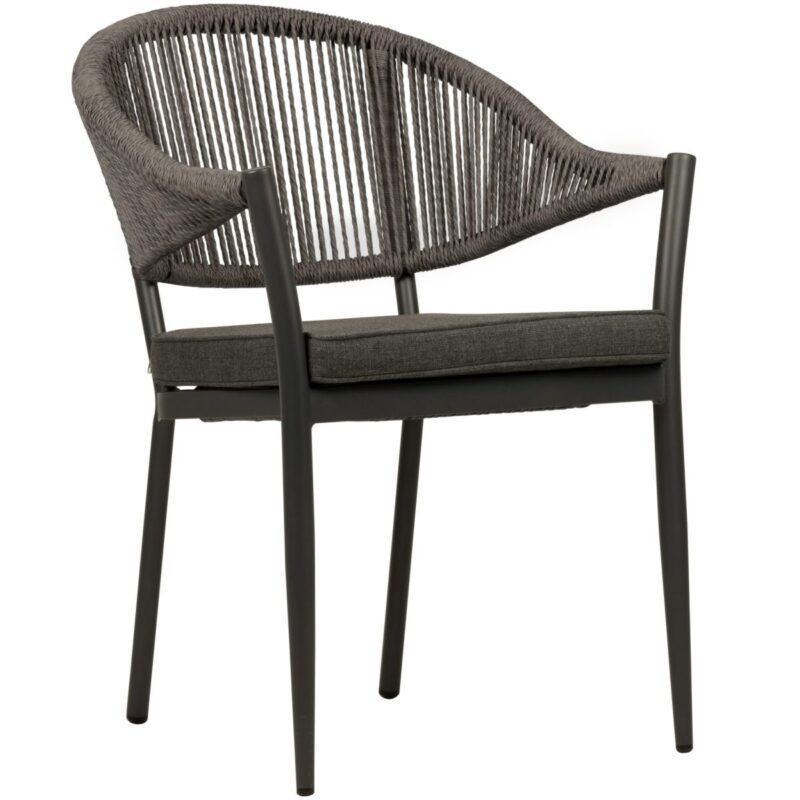 Fauteuil de terrasse Lyon anthracite, tressage corde anthracite et coussin assorti, empilable pour terrasse.