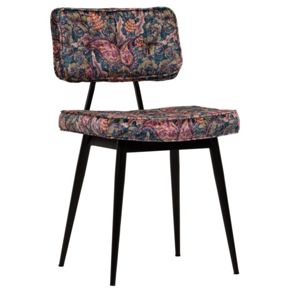 Chaise restaurant velours rose Nelly – velours botanique et structure métal noir.