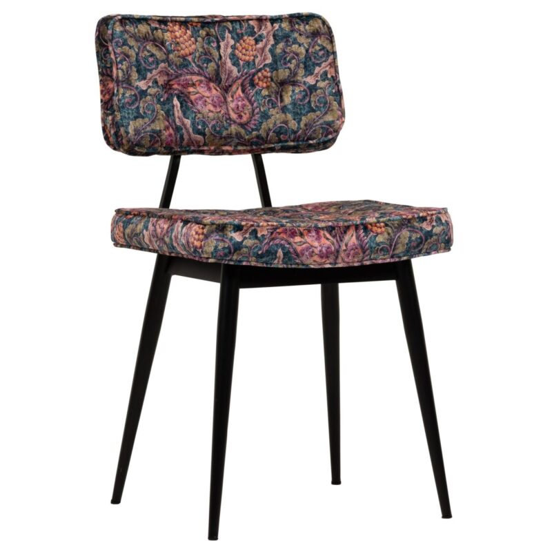 Chaise restaurant velours rose Nelly – velours botanique et structure métal noir.