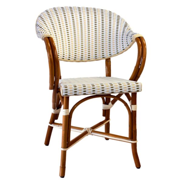 Chaise parisienne damier graphique Sonia en rotin naturel avec accoudoirs, idéale pour cafés, hôtels et restaurants.