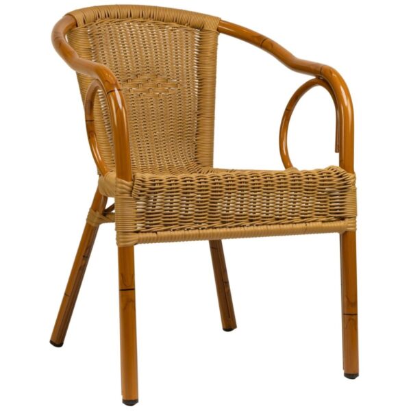 Fauteuil bistrot Costra naturel – structure aluminium bambou et tressage clair résistant aux UV.