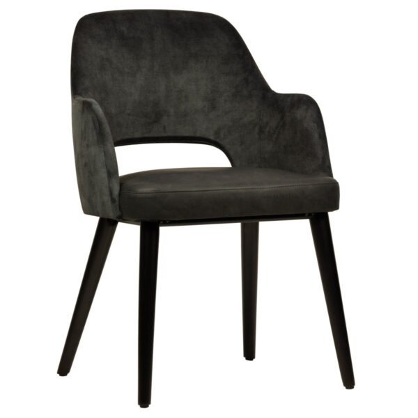 Fauteuil tissu Orsen anthracite en microfibre et velours avec pieds bois noir pour restaurant professionnel