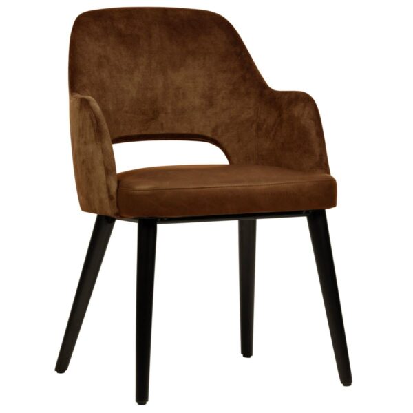 Fauteuil tissu Orsen rouille en microfibre et velours avec pieds bois noir pour restaurant professionnel