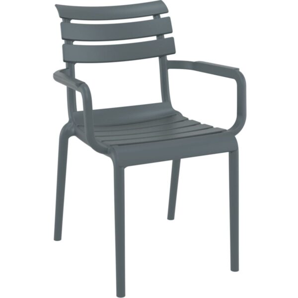 Fauteuil Siena gris empilable avec accoudoirs en polypropylène, mobilier CHR design pour terrasses de cafés et hôtels.