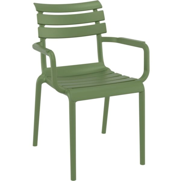 Fauteuil Siena vert empilable avec accoudoirs en polypropylène, mobilier CHR design pour terrasses de restaurants et hôtels.