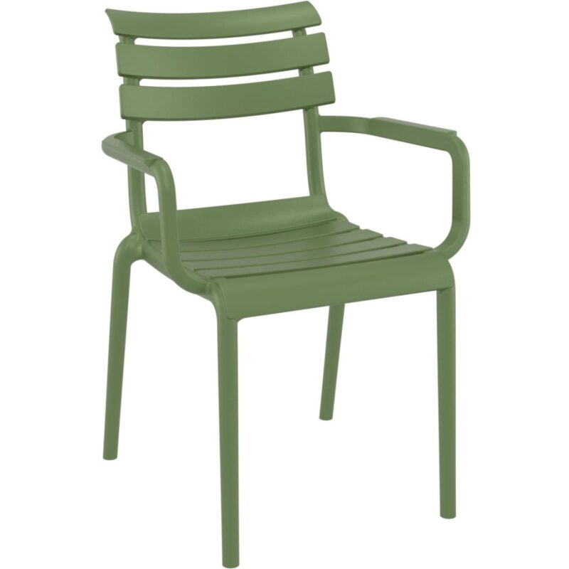 Fauteuil Siena vert empilable avec accoudoirs en polypropylène, mobilier CHR design pour terrasses de restaurants et hôtels.