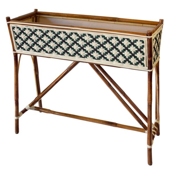Jardinière rotin naturel motif C5 noir, crème et vert – modèle Siena artisanal.