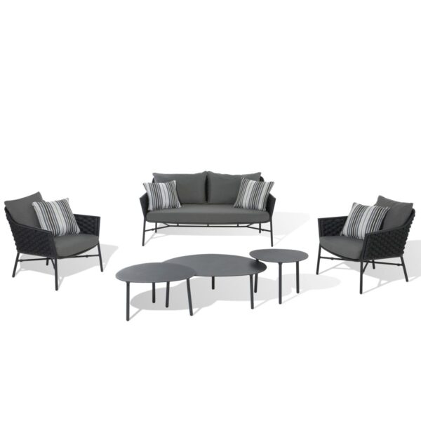 Salon Ryo anthracite 4 pièces en aluminium avec coussins Oléfine résistants aux UV.