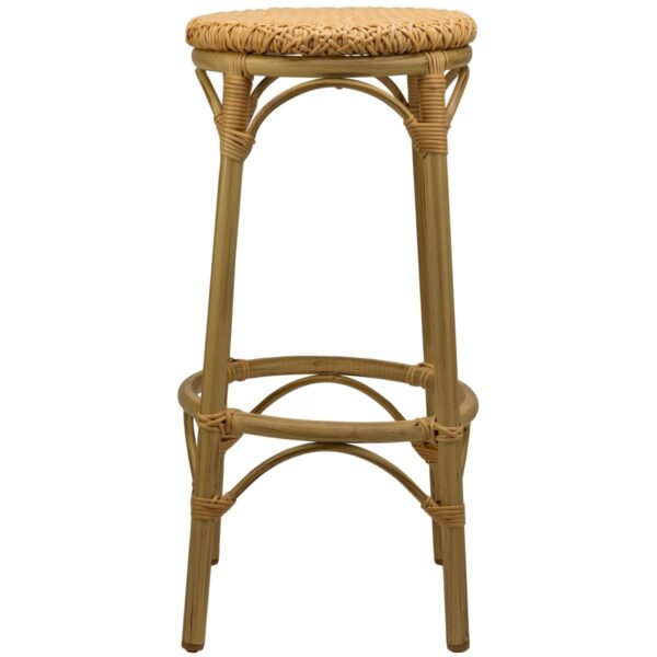 Tabouret de bar beige Tedd synthétique, structure aluminium imitation bambou, parfait pour usage professionnel extérieur.
