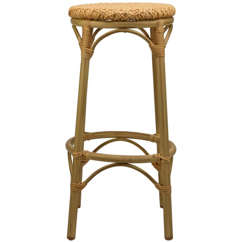 Tabouret de bar beige Tedd synthétique, structure aluminium imitation bambou, parfait pour usage professionnel extérieur.