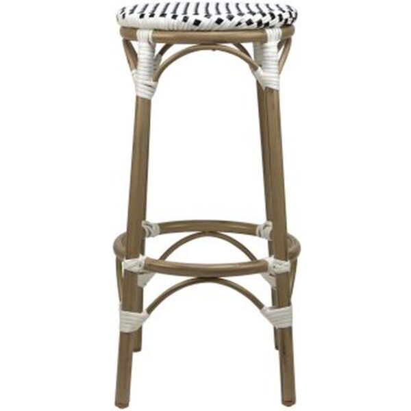 Tabouret de bar blanc et noir Tedd en rotin synthétique, structure aluminium imitation bambou, conçu pour usage professionnel extérieur.