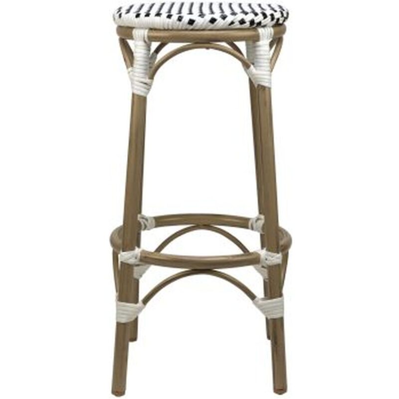 Tabouret de bar blanc et noir Tedd en rotin synthétique, structure aluminium imitation bambou, conçu pour usage professionnel extérieur.