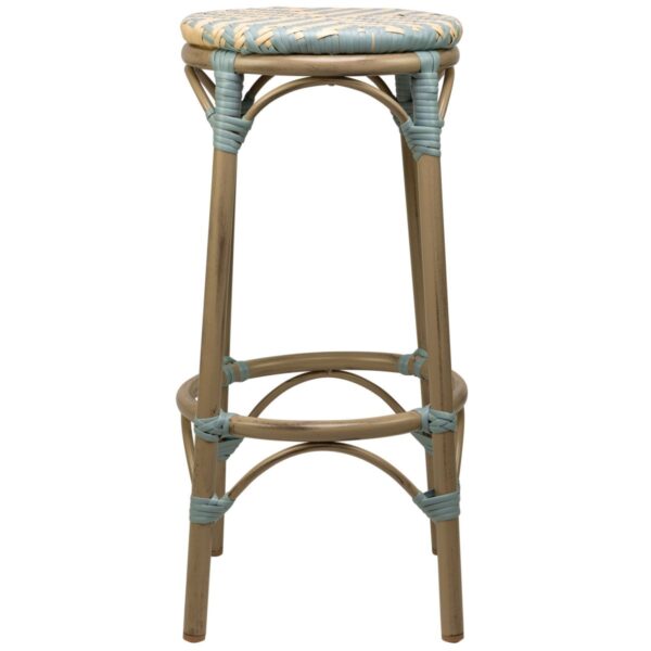 Tabouret de bar bleu et beigne Tedd, structure aluminium imitation bambou, parfait pour usage professionnel extérieur.