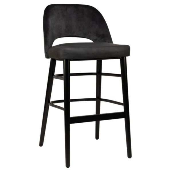 Tabouret haut Soren anthracite en microfibre et velours avec pieds bois noir pour restaurant professionnel