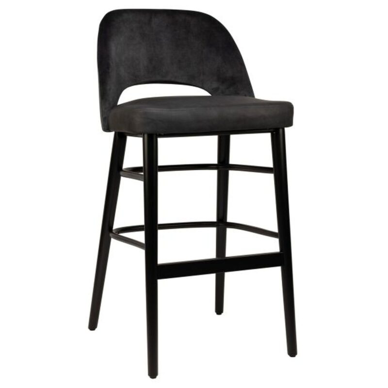 Tabouret haut Soren anthracite en microfibre et velours avec pieds bois noir pour restaurant professionnel