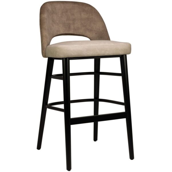 Tabouret haut Soren café en microfibre et velours avec pieds bois noir pour restaurant professionnel