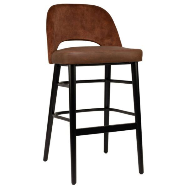 Tabouret haut Soren rouille en microfibre et velours avec pieds bois noir pour restaurant professionnel
