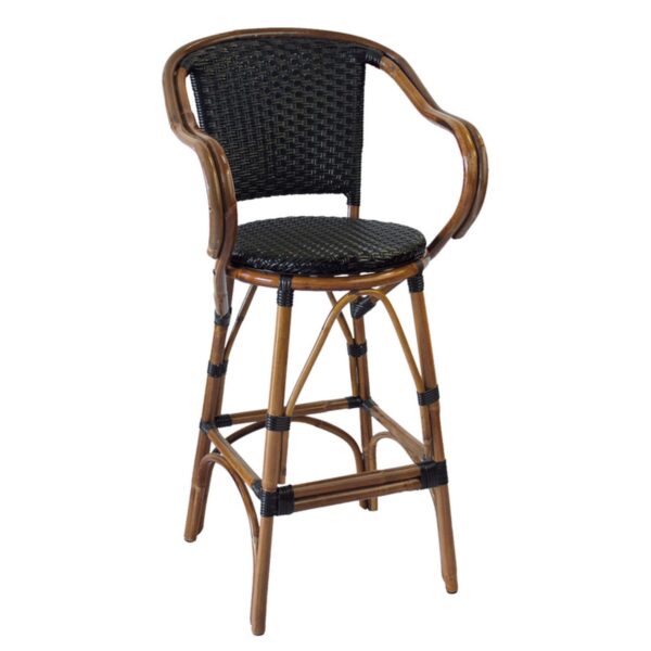 Tabouret de bar en rotin noir Venise avec dossier et accoudoirs, idéal pour bars, restaurants et hôtels.