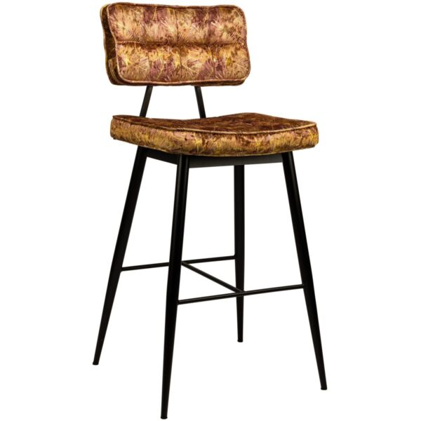 Tabouret de bar velours jaune motif botanique Nelly sur piètement métal noir. Mobilier CHR élégant