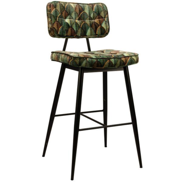 Tabouret de bar velours vert Nelly sur piètement métal noir, design et robustesse pour bars et restaurants.