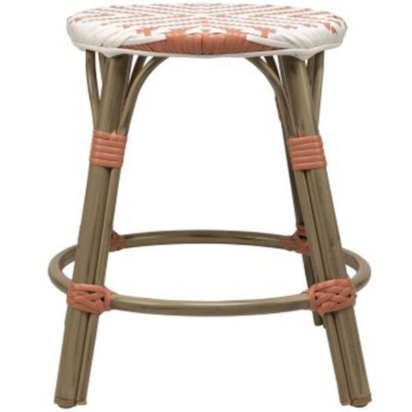 Tabouret bas corail et blanc Tedd en rotin synthétique, structure aluminium imitation bambou, empilable et résistant pour usage professionnel.