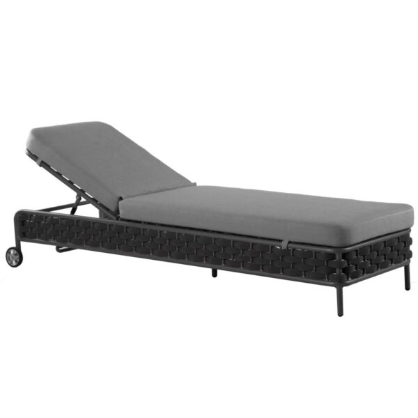Transat Ryo anthracite en aluminium avec dossier réglable et roulettes intégrées.