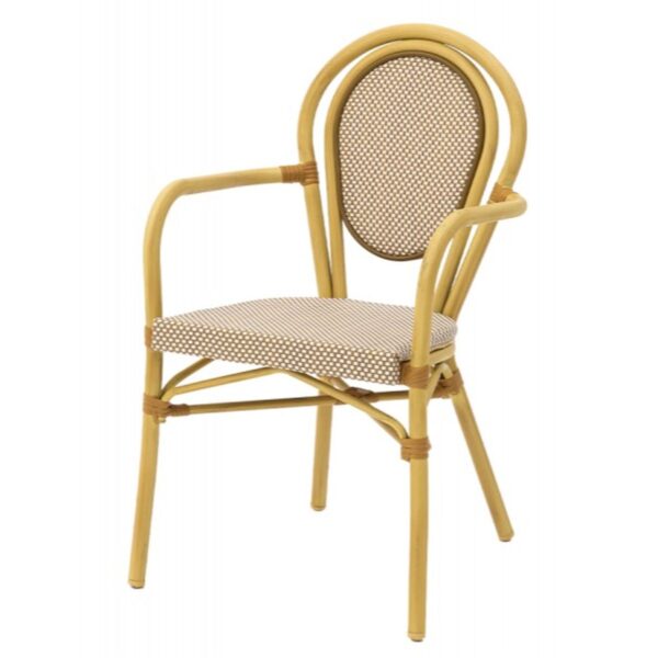 Fauteuil bistrot extérieur beige davi, structure aluminium, empilable et conçu pour terrasses professionnelles.