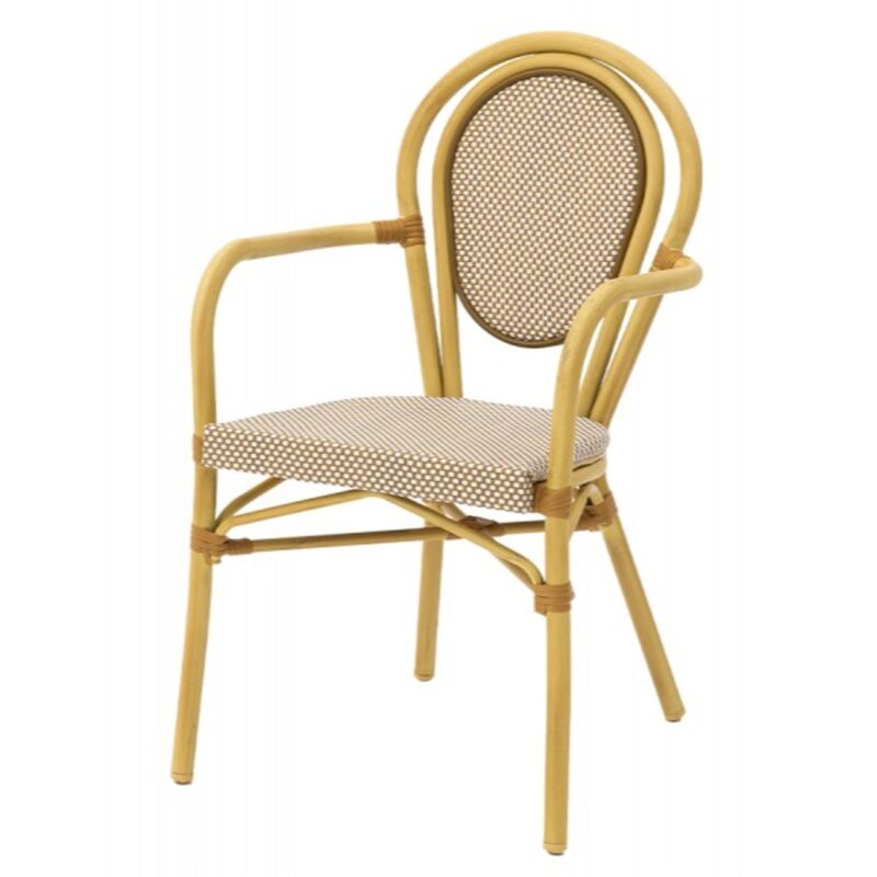 Fauteuil bistrot extérieur beige davi, structure aluminium, empilable et conçu pour terrasses professionnelles.