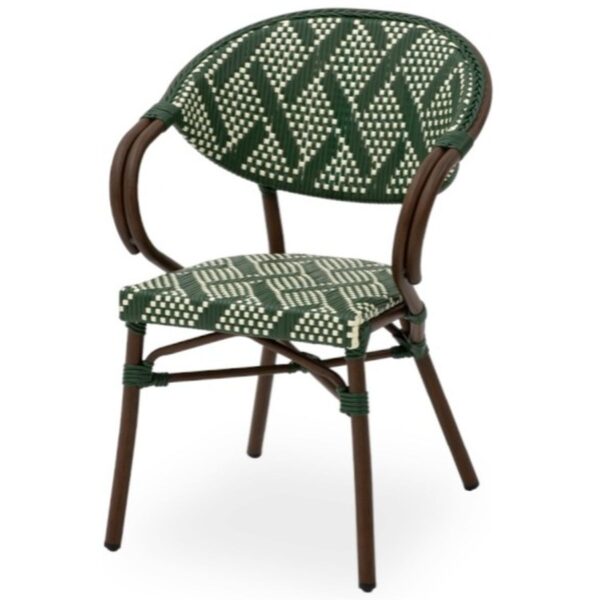 Fauteuil extérieur vert Jude, structure aluminium, coloris vert, empilable et conçu pour terrasses professionnelles.