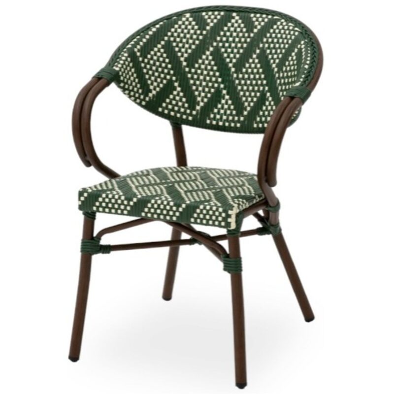 Fauteuil extérieur vert Jude, structure aluminium, coloris vert, empilable et conçu pour terrasses professionnelles.