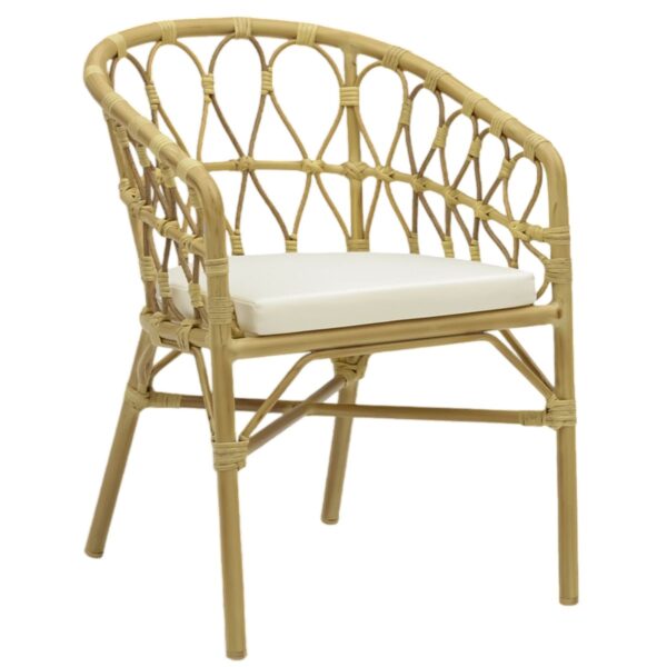 Fauteuil terrasse Anatole en aluminium et corde synthétique avec coussin, empilable pour terrasse restaurant.